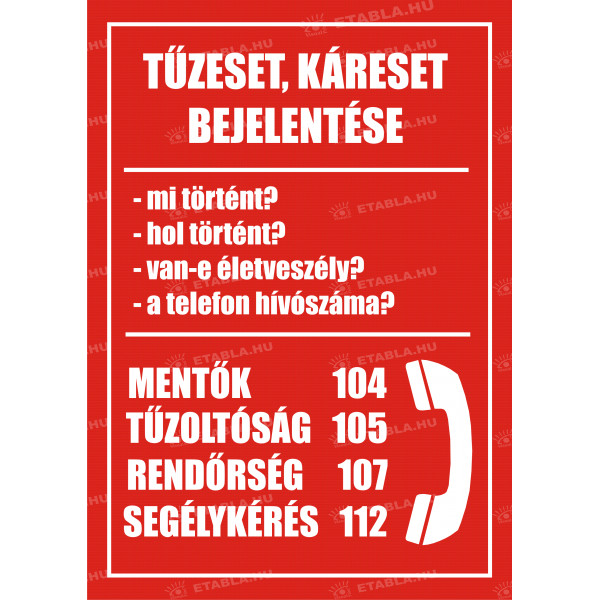 Tűzeset, káreset esetén értesítendő tábla