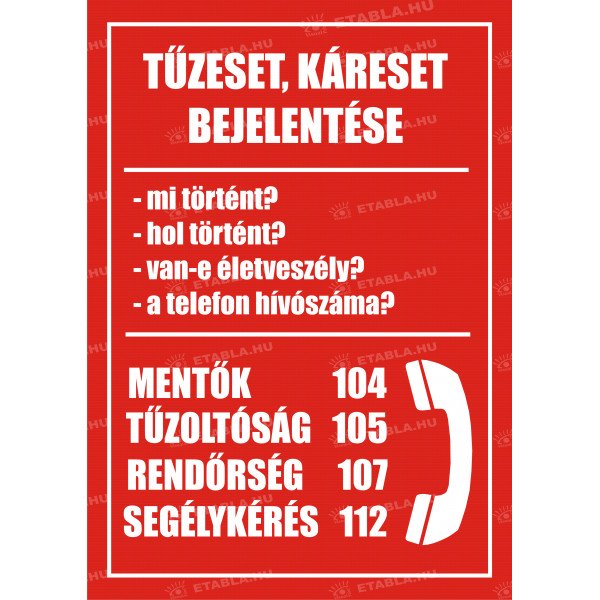 Tűzeset, káreset esetén értesítendő tábla