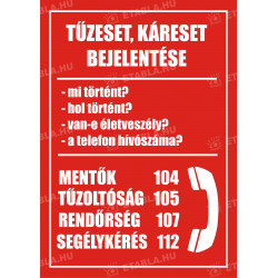 Tűzeset, káreset esetén értesítendő tábla Tűzvédelmi táblák Etabla.hu