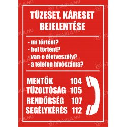 Tűzeset, káreset esetén értesítendő tábla Tűzvédelmi táblák Etabla.hu